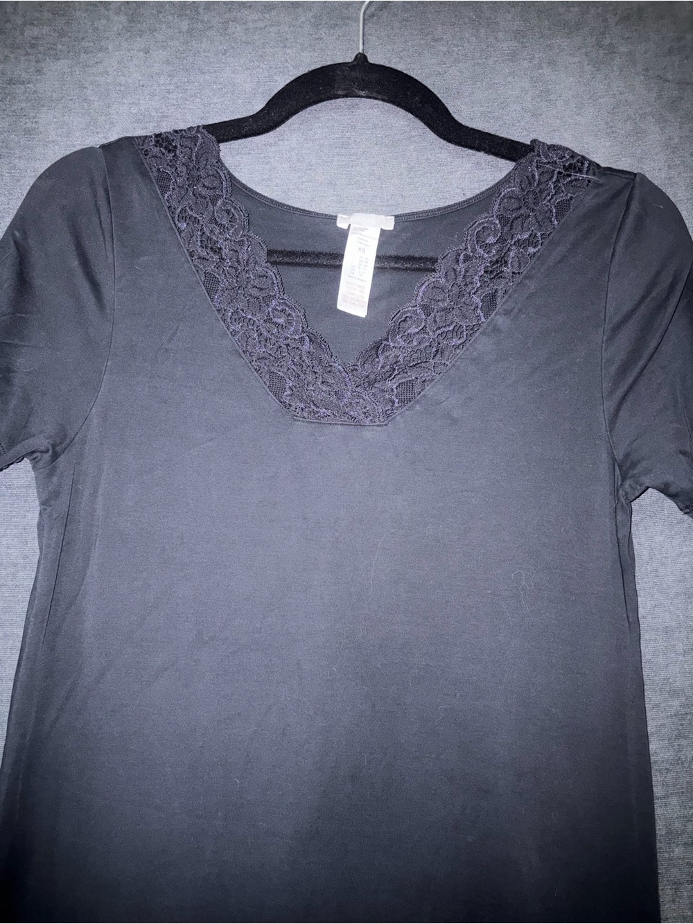 Hanro Black Short-Sleeve Maxi Nightgown with Lace V-Neck